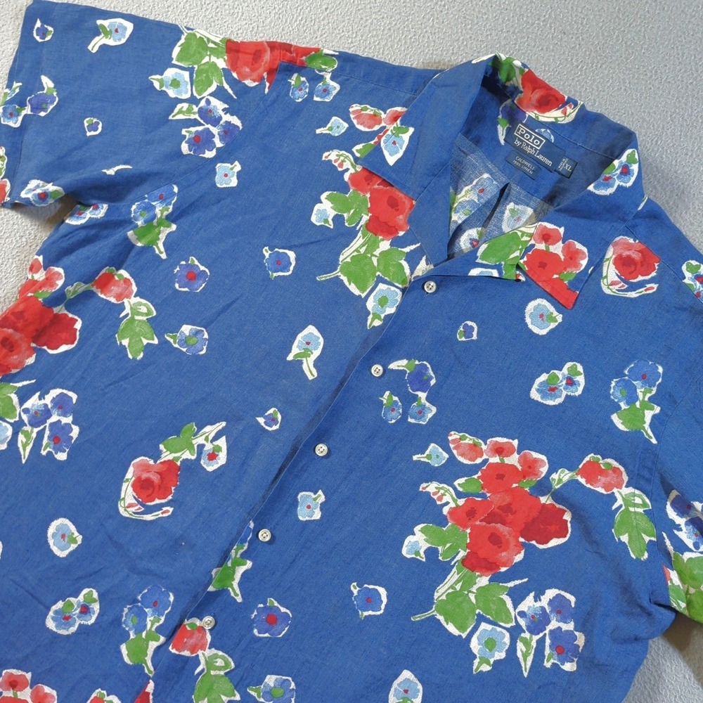 VTG Polo Ralph Lauren Caldwell Shirt Mens XL Blue Floral Camp Linen Short Sleeve